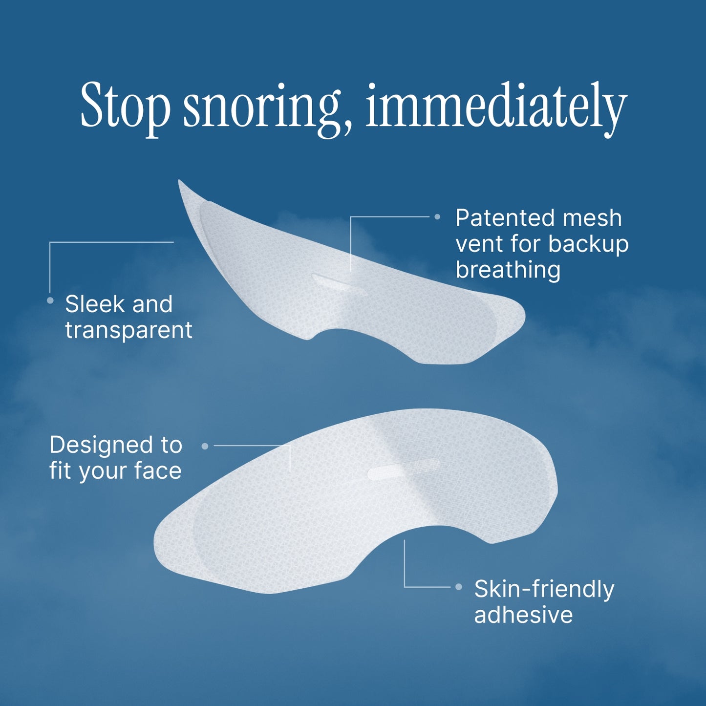 Transparent snoring device with features highlighted on a blue background